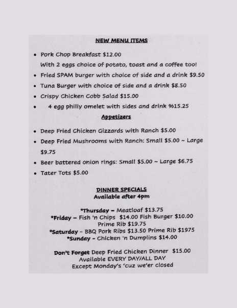 Screamin' Chicken Diner Menu 2