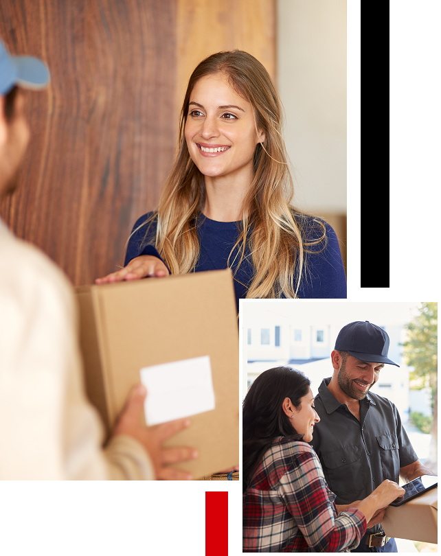 A woman receives a package from a delivery person. Inset shows a man and woman signing for a delivery on a tablet.