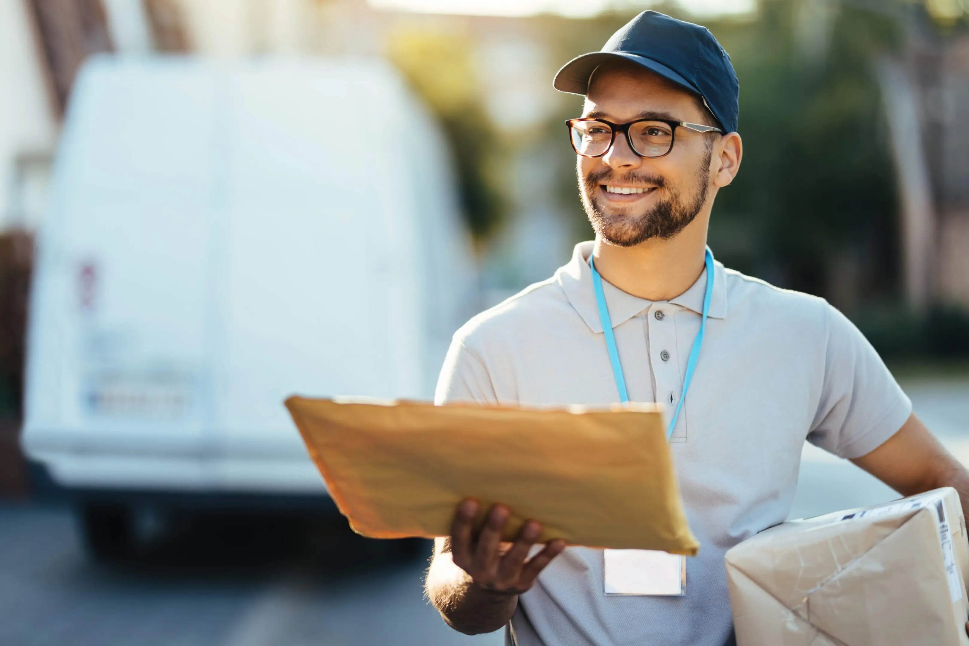 A delivery person in a cap and glasses stands outside, smiling, holding a large envelope and a package. A white van is visible in the background.