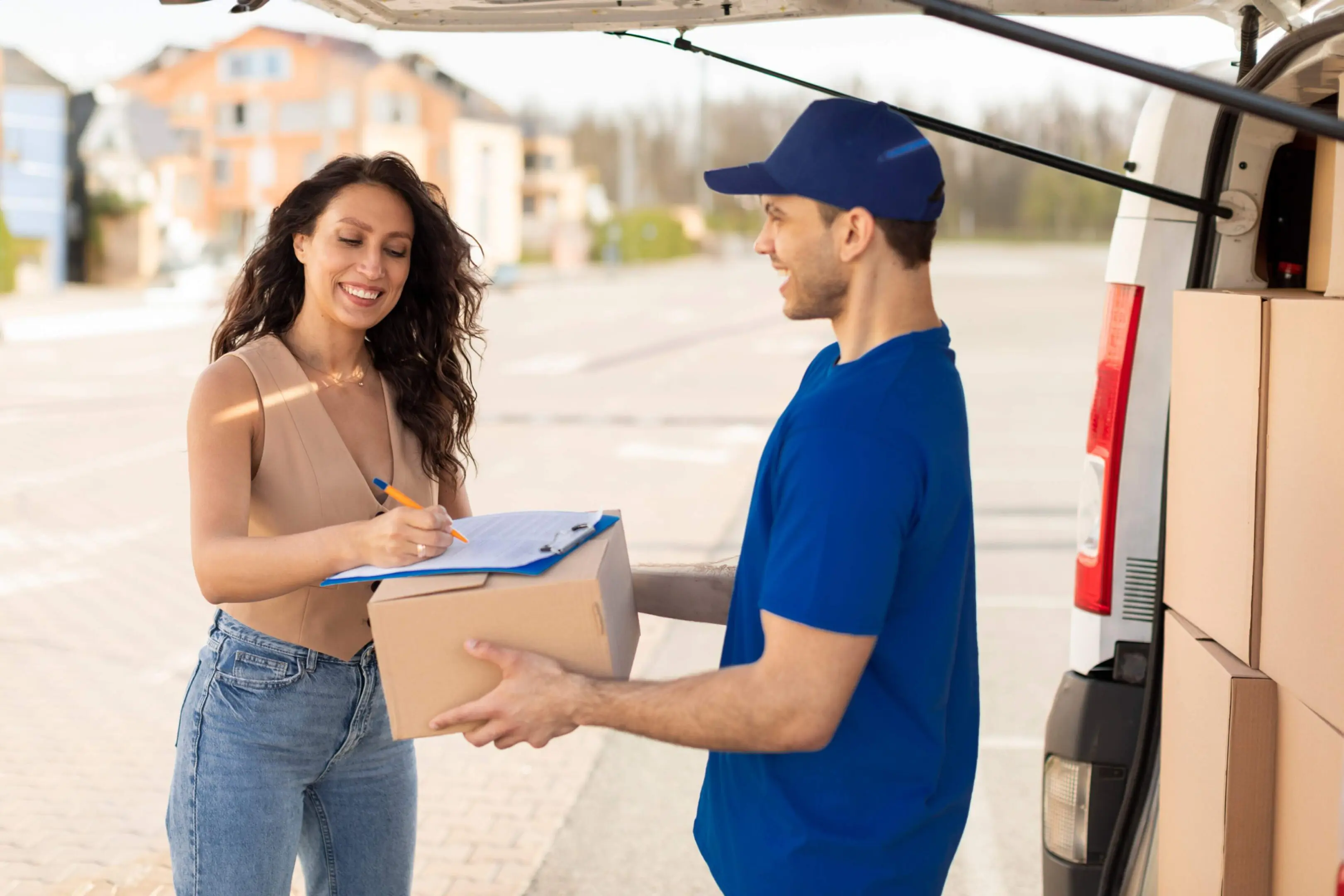 A woman signs a document while receiving a package from a delivery person in a blue uniform next to a van.